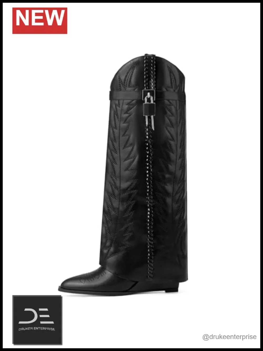 Fold Over Knee High Wedge Boots Embroidered Western Cowboy Denim Pointed Toe